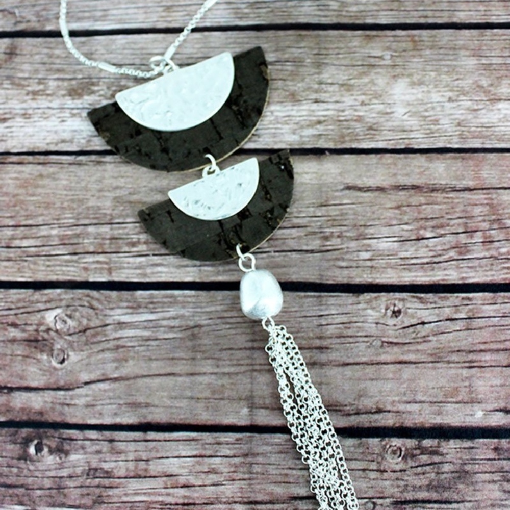 2 /$15- SILVERTONE DARK CORK HALF MOON NECKLACE